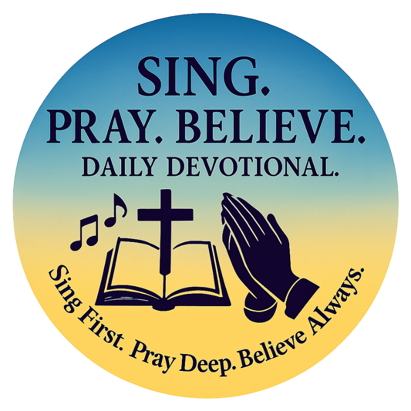 Sing. Pray. Believe. Daily Devotional logo featuring a cross, open Bible, music notes, and praying hands on a blue and yellow gradient background